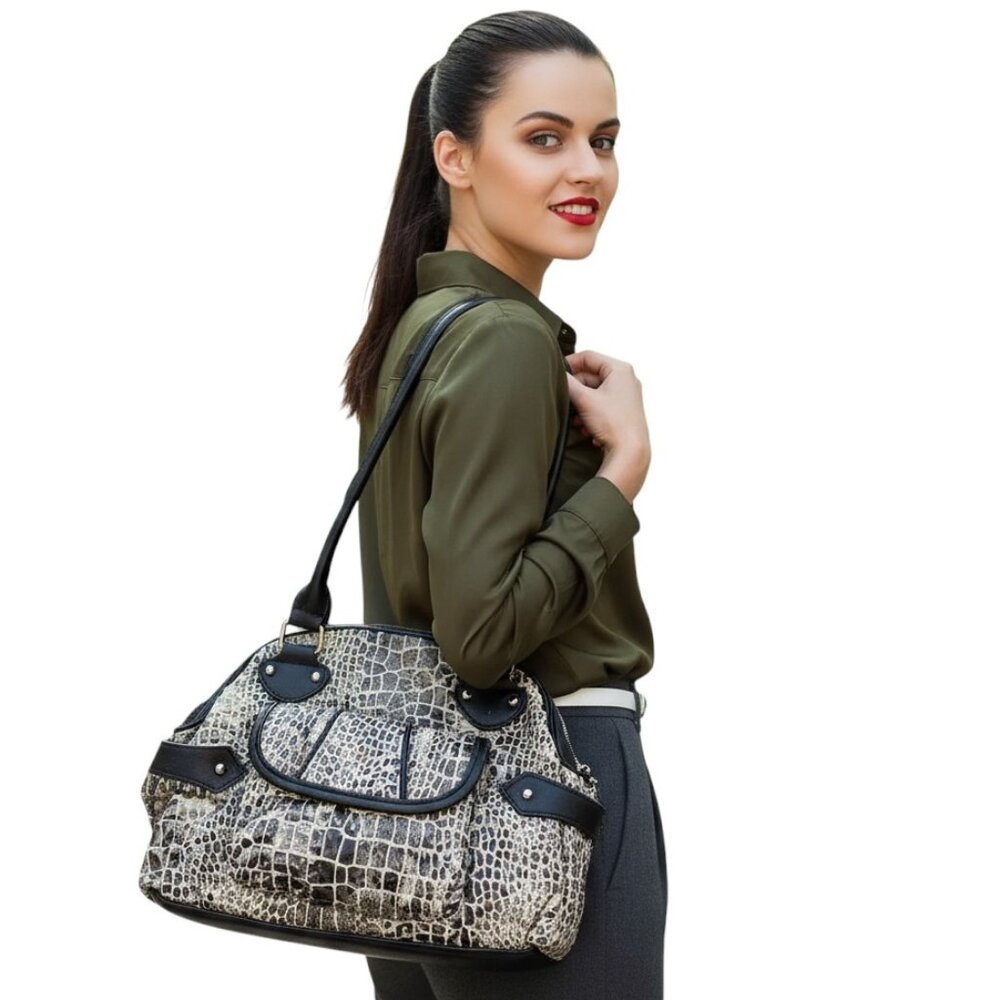Faux Croc Black Tan Tote Bag Womens Designer Shoulder Satchel Purse